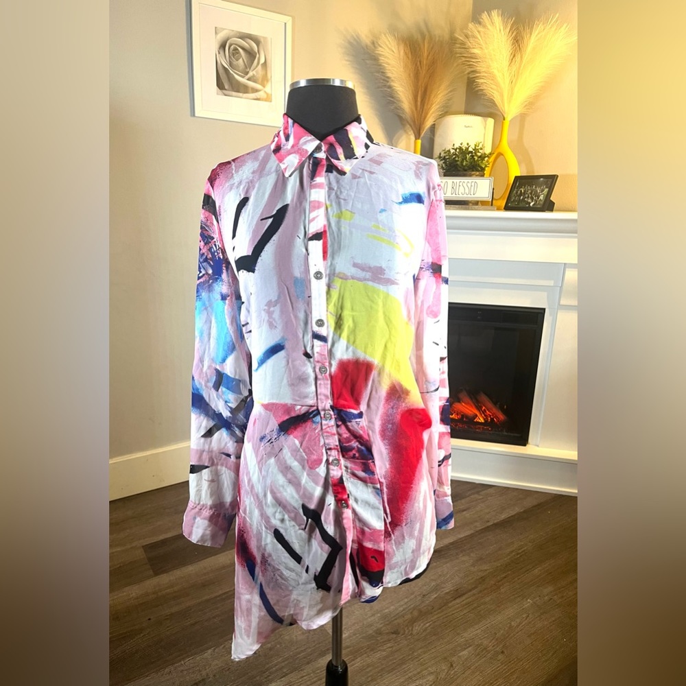 New York & Company Graffiti Print Asymmetrical Blouse Top M